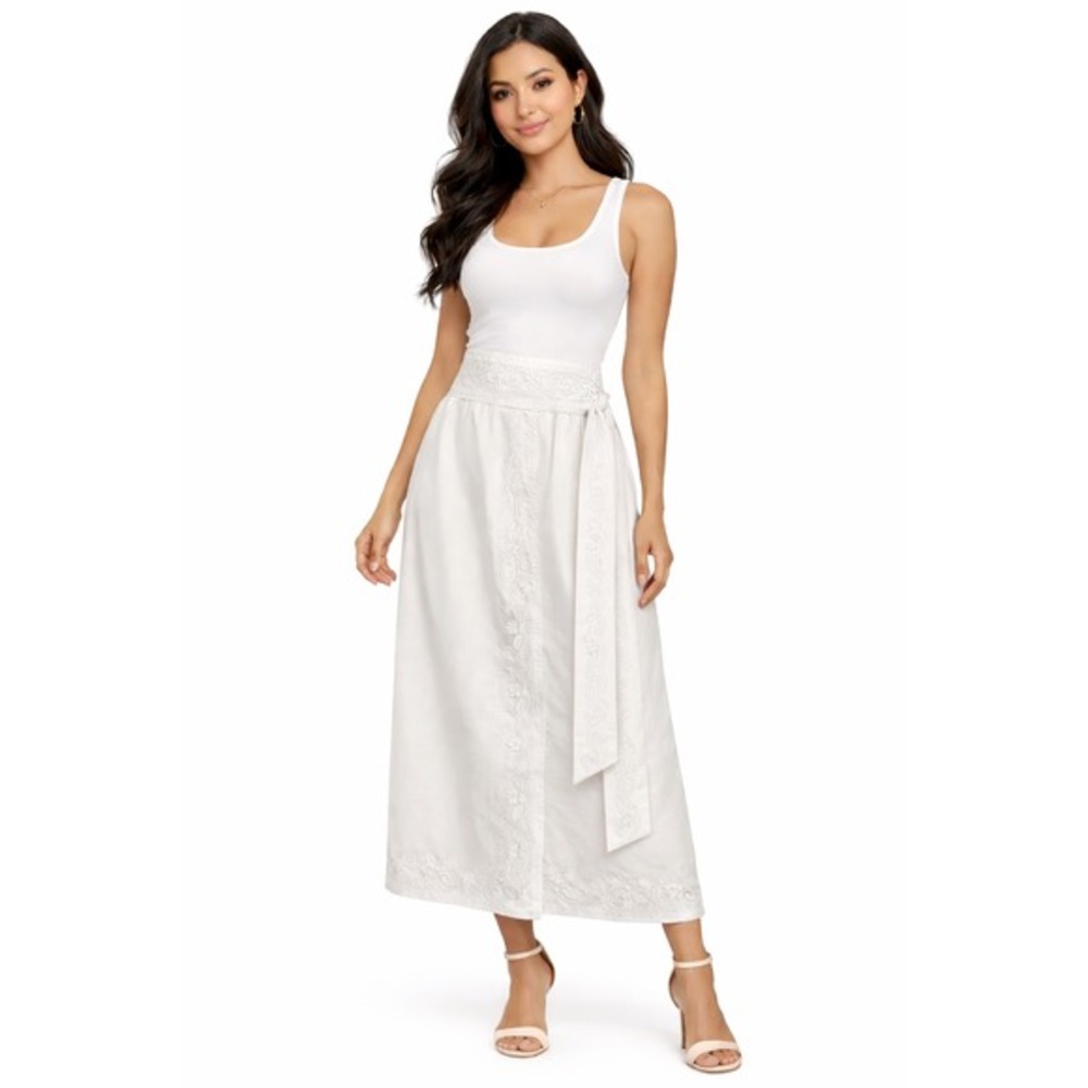 Shermarke White Embroidered Skirt Drawstring Waist Midi OS Long Sash Boho 82-33‎